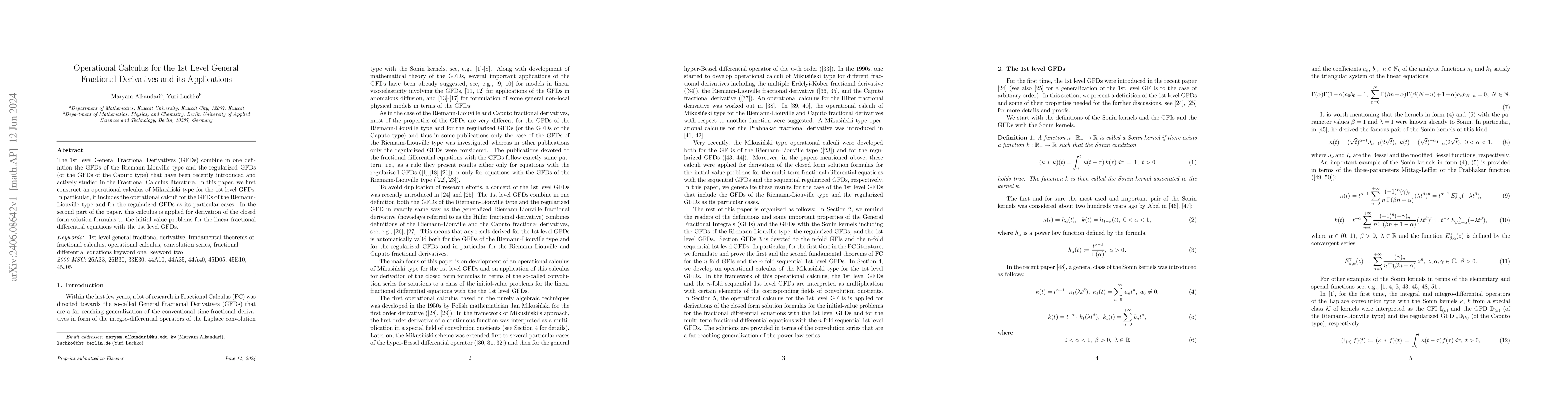 Thumbnail for Operational Calculus for the 1st Level General Fractional Derivatives
  and its Applications