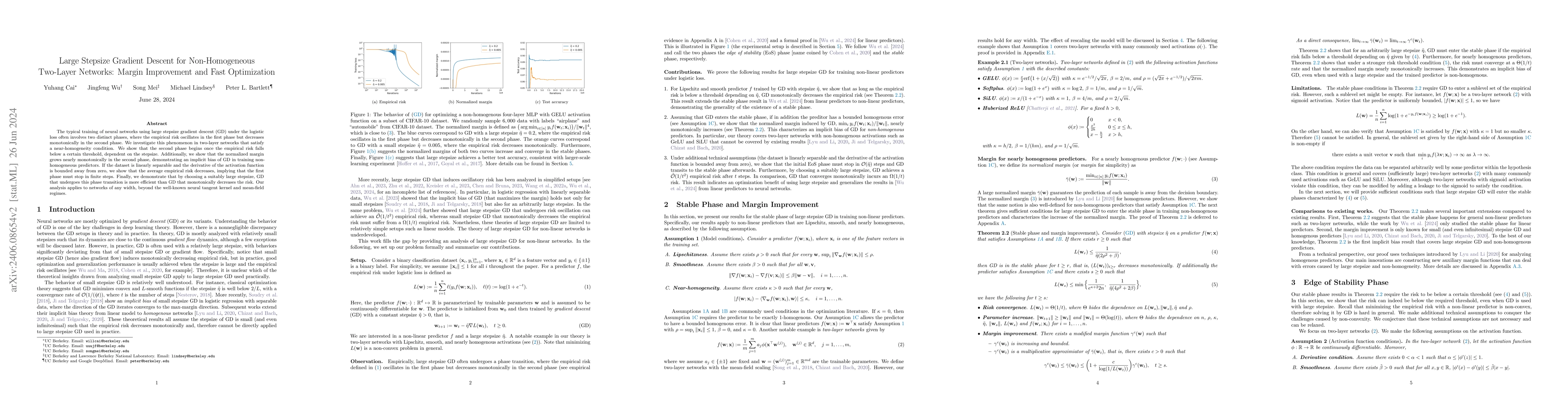 Thumbnail for Large Stepsize Gradient Descent for Non-Homogeneous Two-Layer Networks:
  Margin Improvement and Fast Optimization