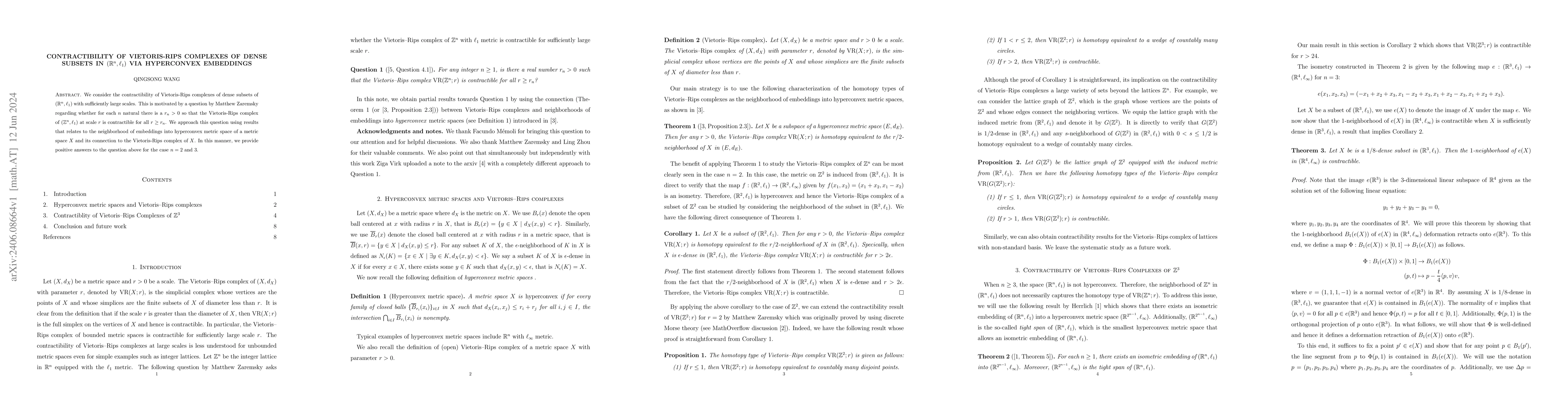 Thumbnail for Contractibility of Vietoris-Rips Complexes of dense subsets in
  $(\mathbb{R}^n, \ell_1)$ via hyperconvex embeddings