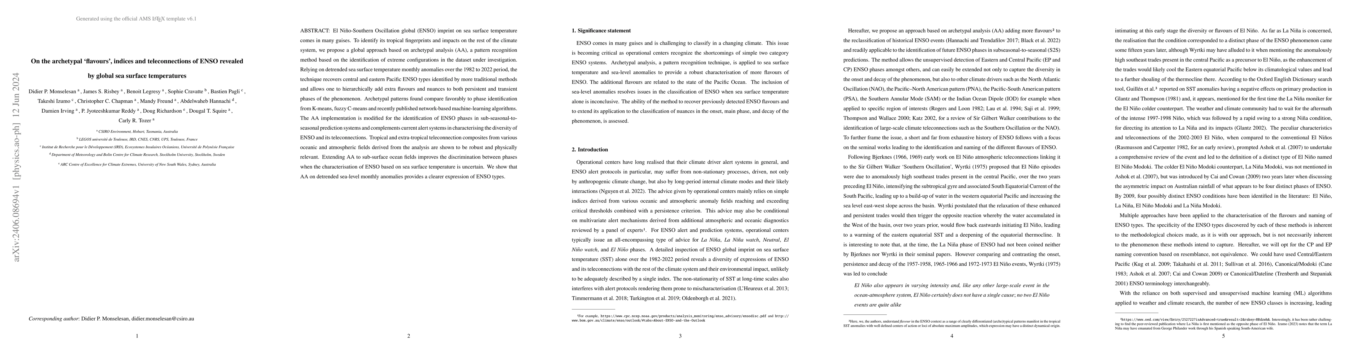Thumbnail for On the archetypal `flavours', indices and teleconnections of ENSO
  revealed by global sea surface temperatures