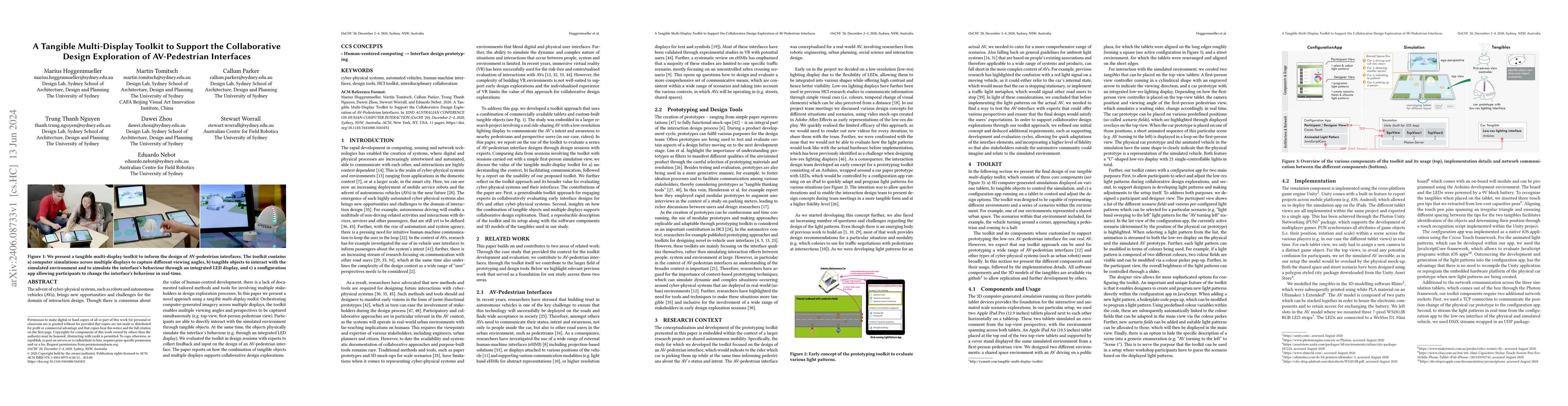 Thumbnail for A Tangible Multi-Display Toolkit to Support the Collaborative Design
  Exploration of AV-Pedestrian Interfaces