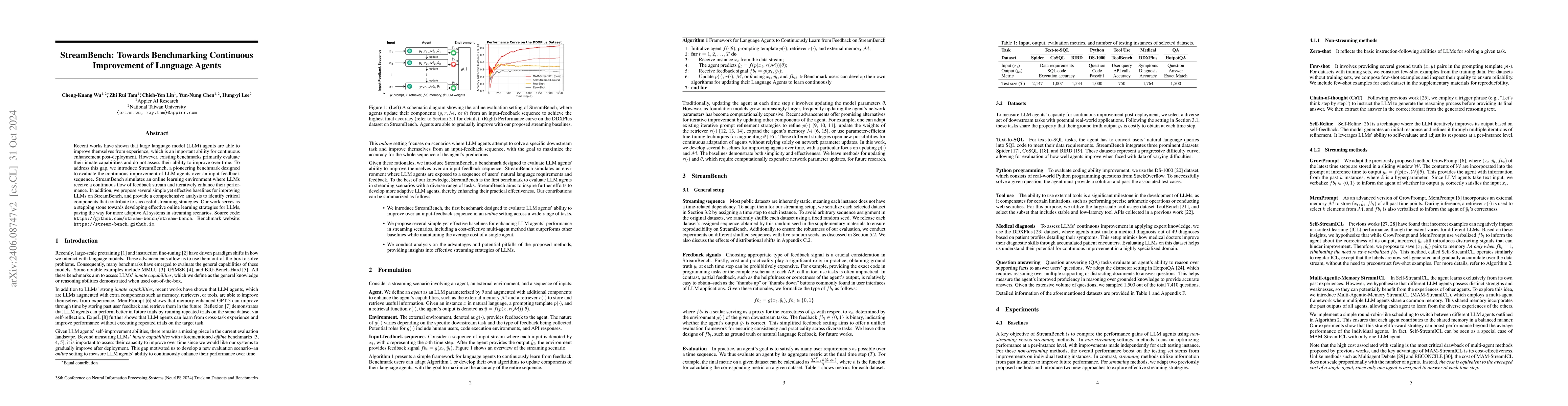Thumbnail for StreamBench: Towards Benchmarking Continuous Improvement of Language
  Agents