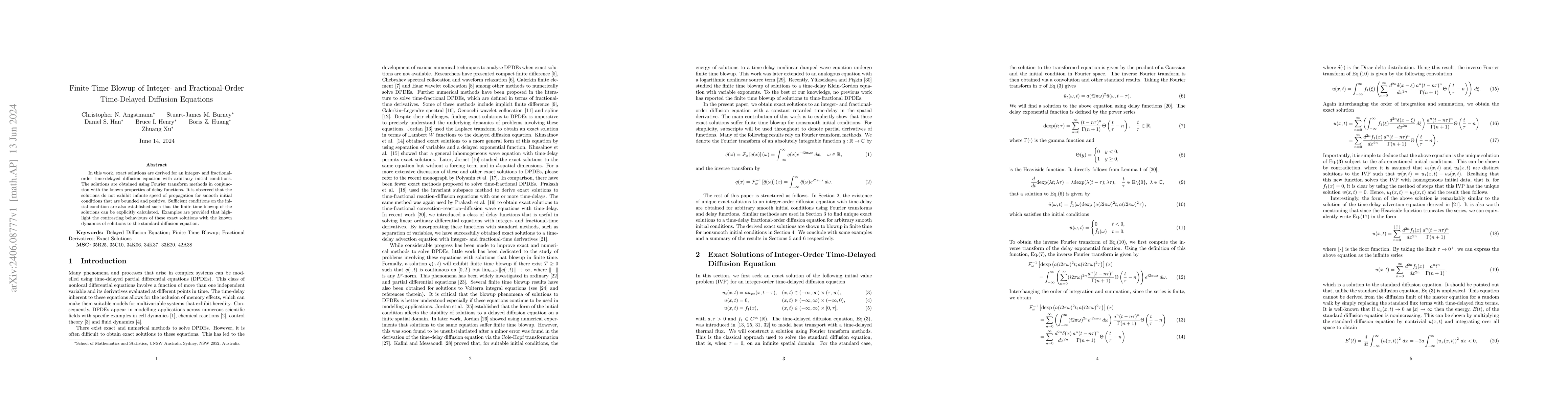 Thumbnail for Finite Time Blowup of Integer- and Fractional-Order Time-Delayed
  Diffusion Equations