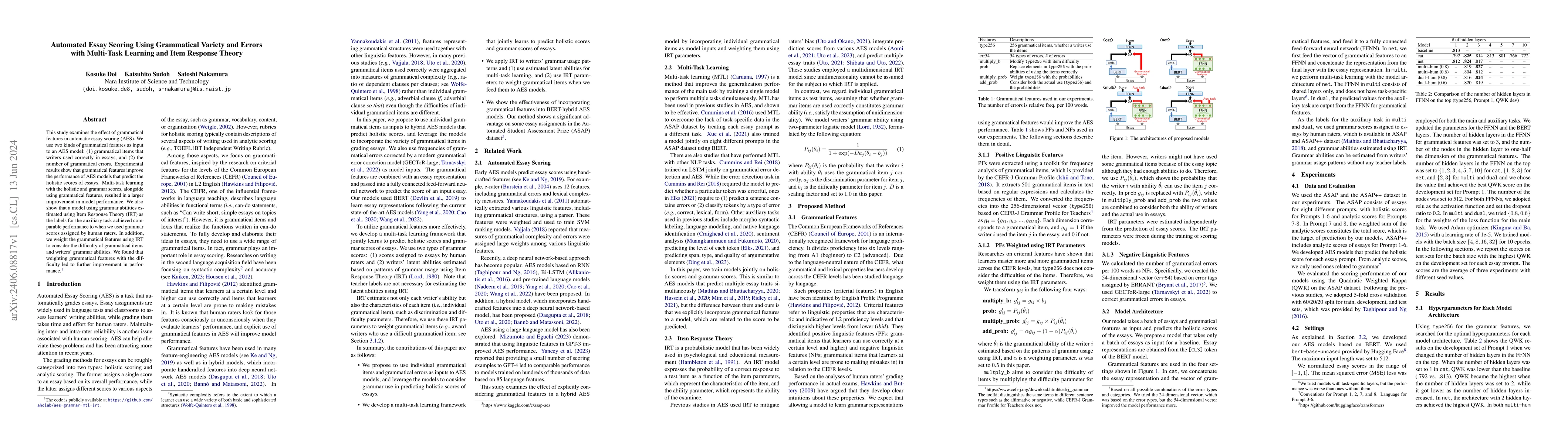 Thumbnail for Automated Essay Scoring Using Grammatical Variety and Errors with
  Multi-Task Learning and Item Response Theory