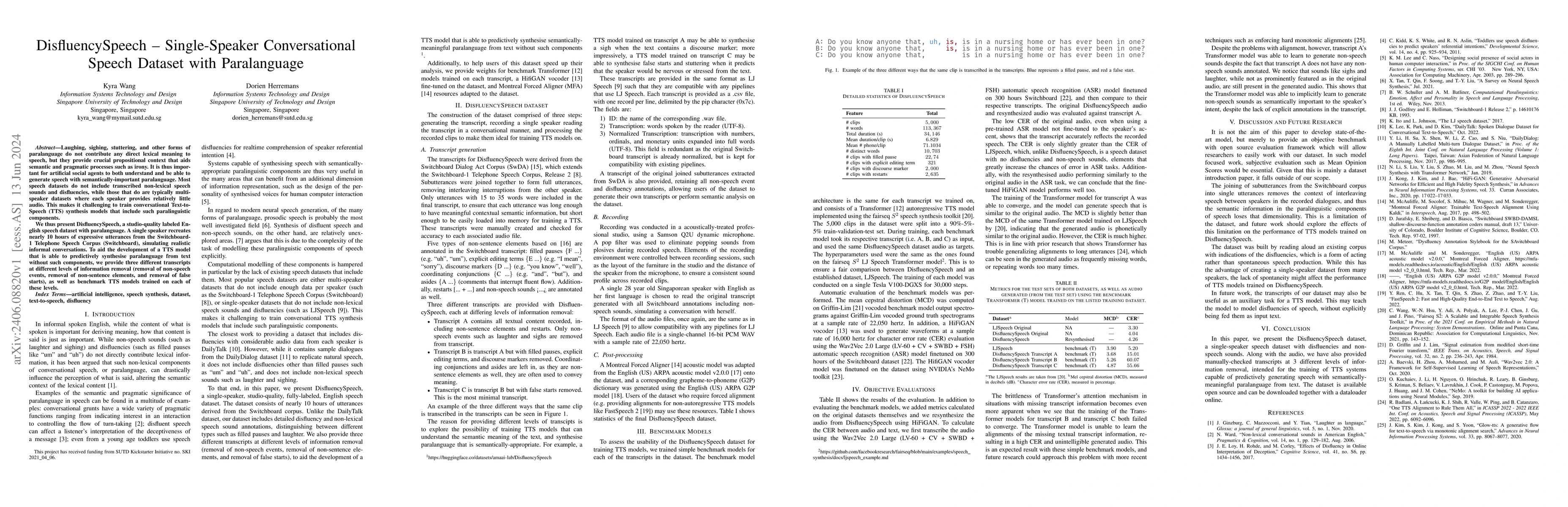 Thumbnail for DisfluencySpeech -- Single-Speaker Conversational Speech Dataset with
  Paralanguage