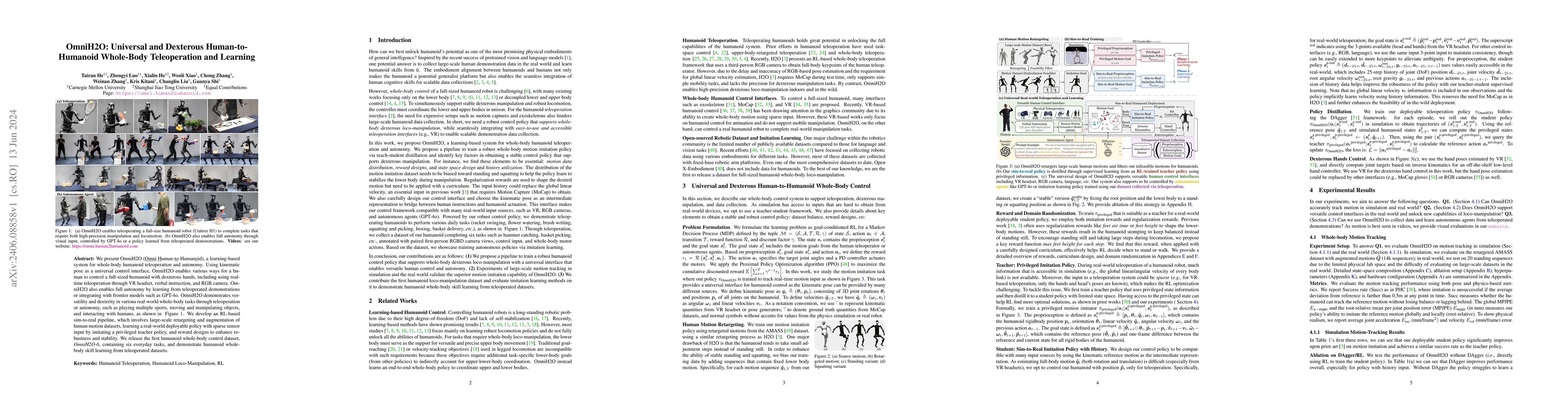 Thumbnail for OmniH2O: Universal and Dexterous Human-to-Humanoid Whole-Body
  Teleoperation and Learning