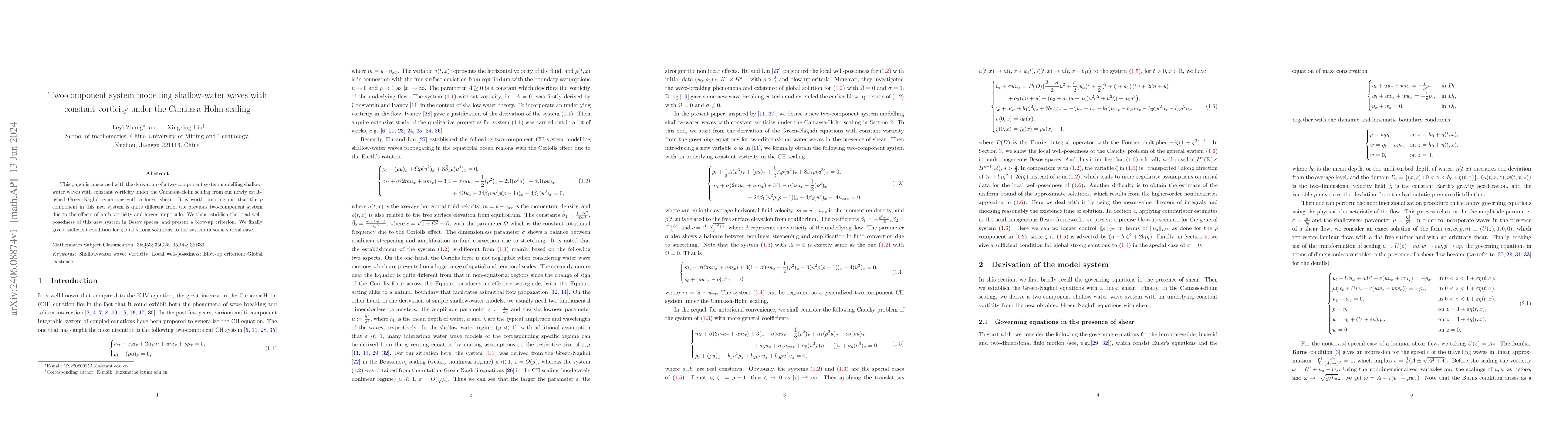 Thumbnail for Two-component system modelling shallow-water waves with constant
  vorticity under the Camassa-Holm scaling