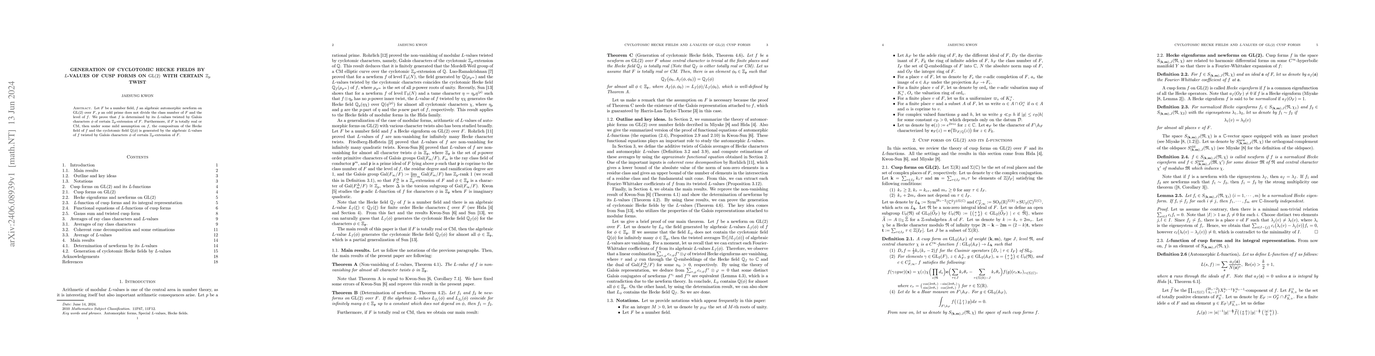 Thumbnail for Generation of cyclotomic Hecke fields by $L$-values of cusp forms on
  $\mathrm{GL}(2)$ with certain $\mathbb{Z}_p$ twist
