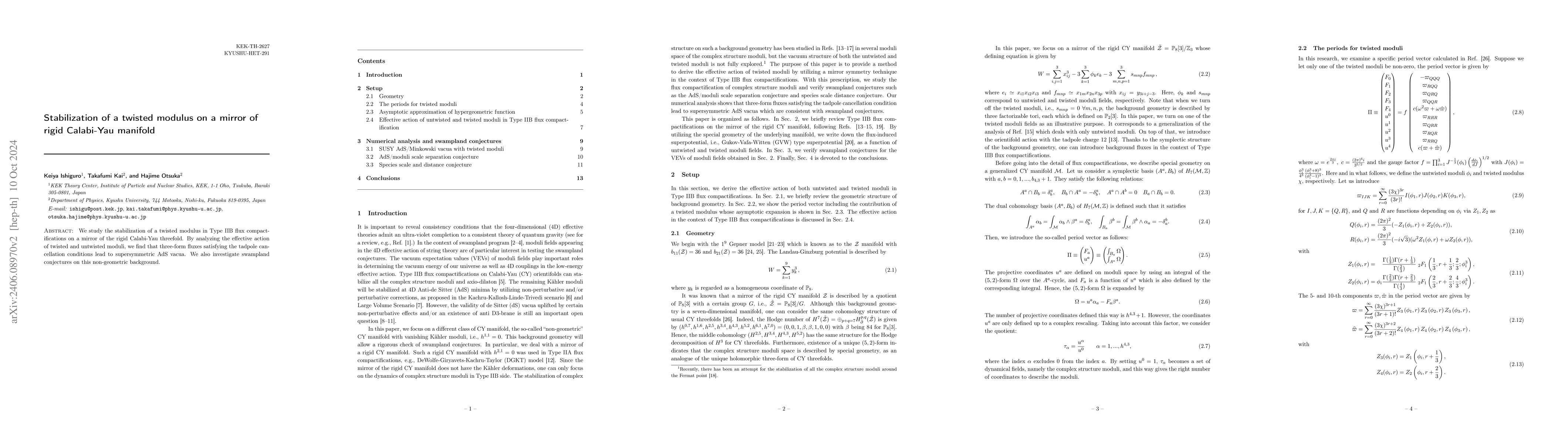Thumbnail for Stabilization of a twisted modulus on a mirror of rigid Calabi-Yau
  manifold