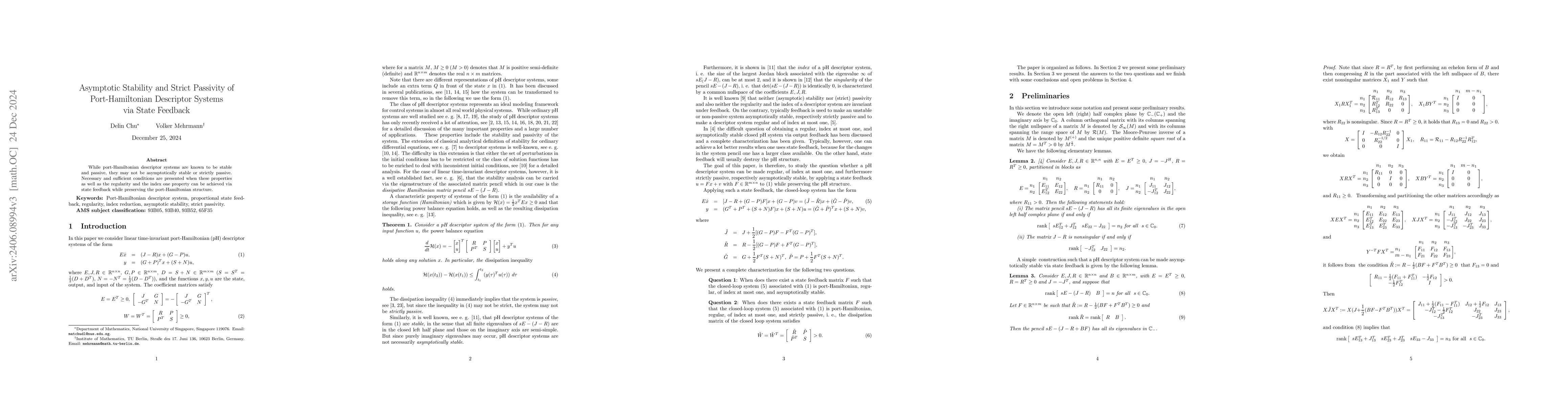 Thumbnail for Asymptotic Stability and Strict Passivity of Port-Hamiltonian Descriptor
  Systems via State Feedback