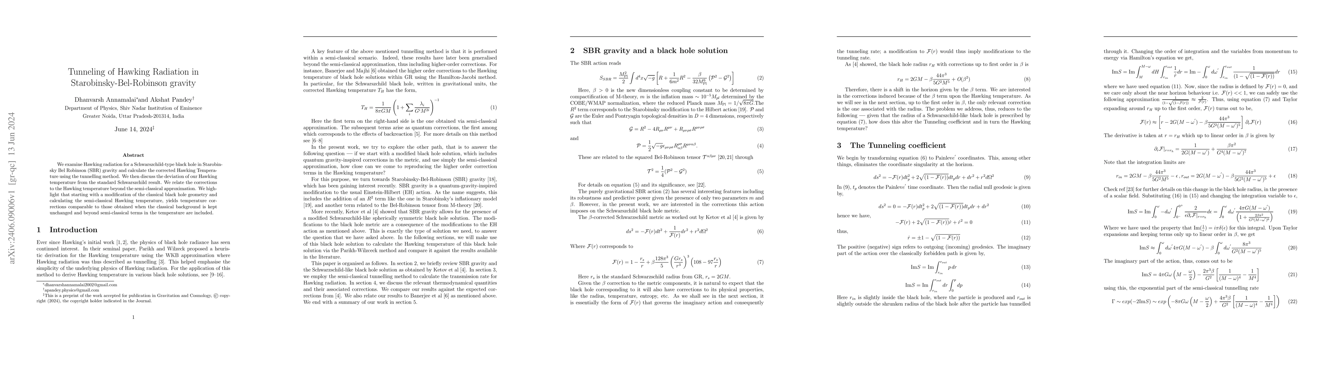 Thumbnail for Tunneling of Hawking Radiation in Starobinsky-Bel-Robinson gravity