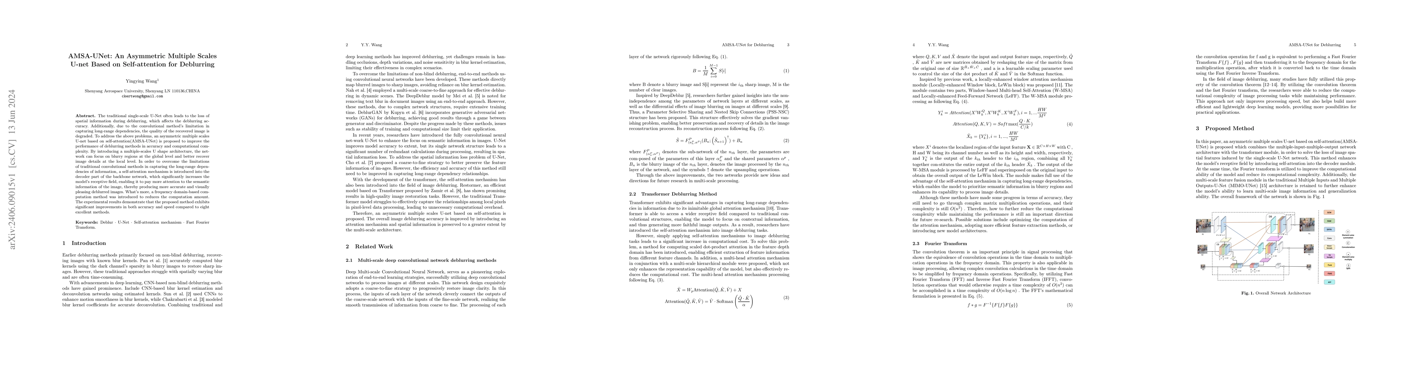 Thumbnail for AMSA-UNet: An Asymmetric Multiple Scales U-net Based on Self-attention
  for Deblurring