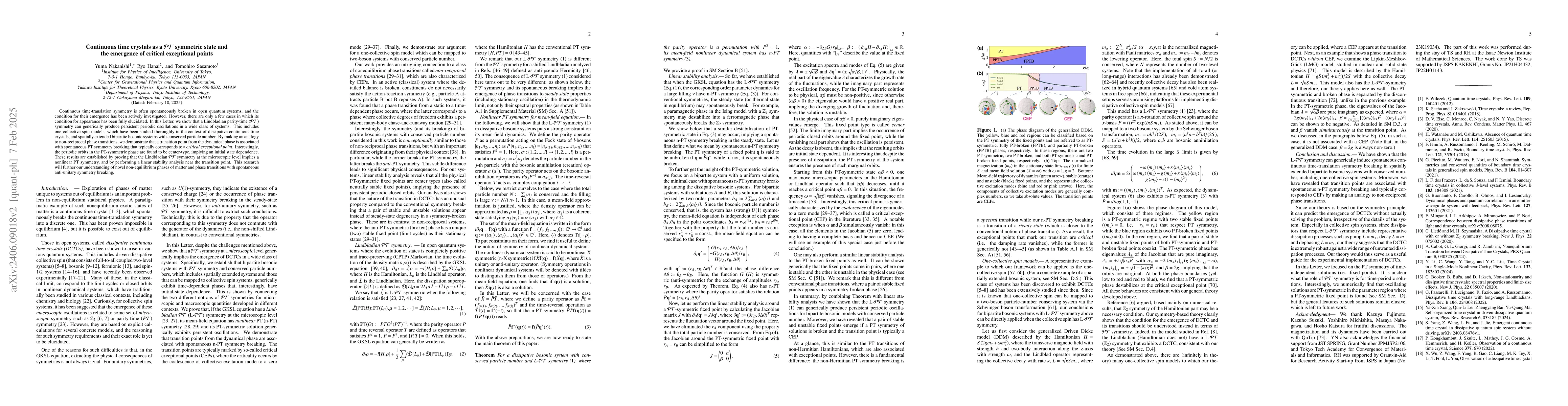 Thumbnail for Continuous time crystals as a PT symmetric state and the emergence of
  critical exceptional points
