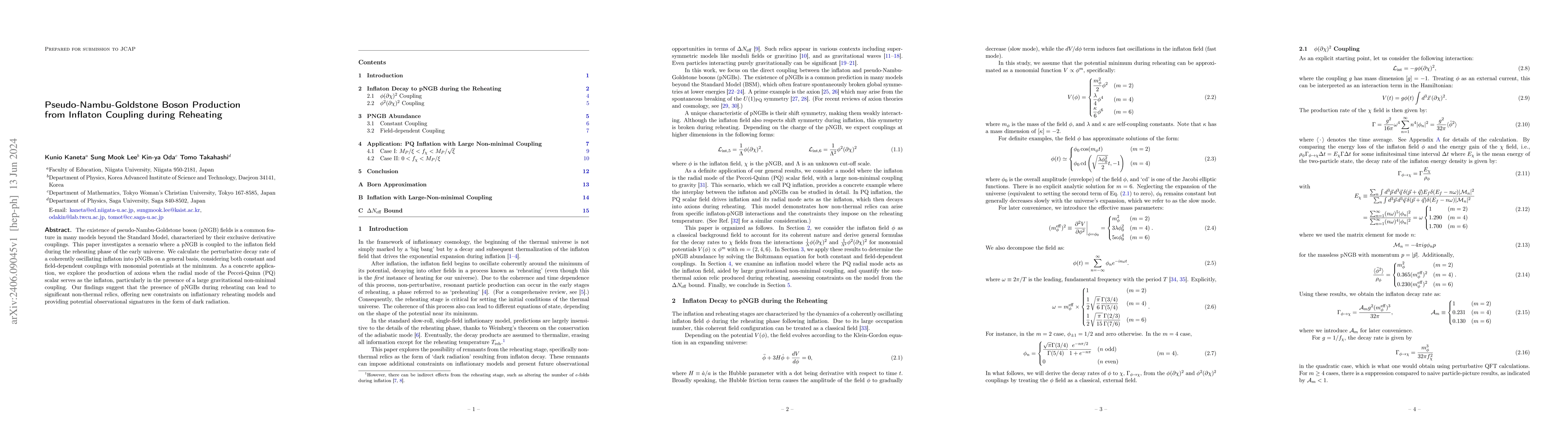 Thumbnail for Pseudo-Nambu-Goldstone Boson Production from Inflaton Coupling during
  Reheating