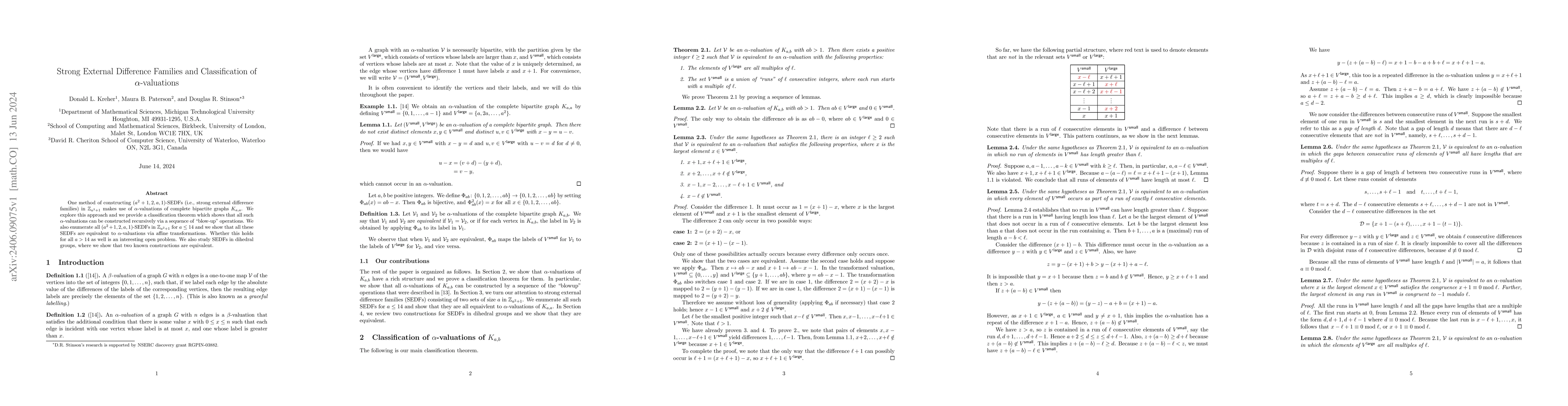 Thumbnail for Strong External Difference Families and Classification of
  $\alpha$-valuations