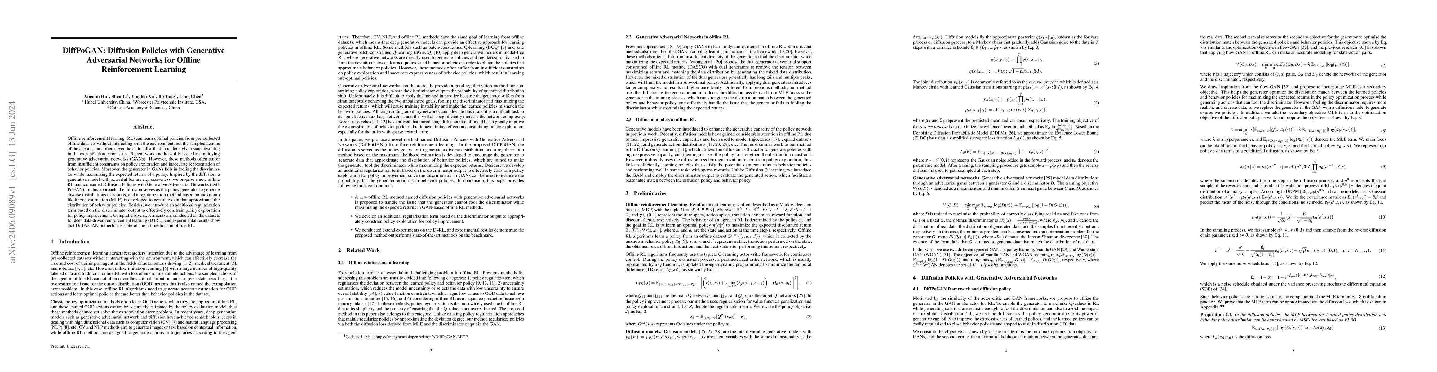 Thumbnail for DiffPoGAN: Diffusion Policies with Generative Adversarial Networks for
  Offline Reinforcement Learning