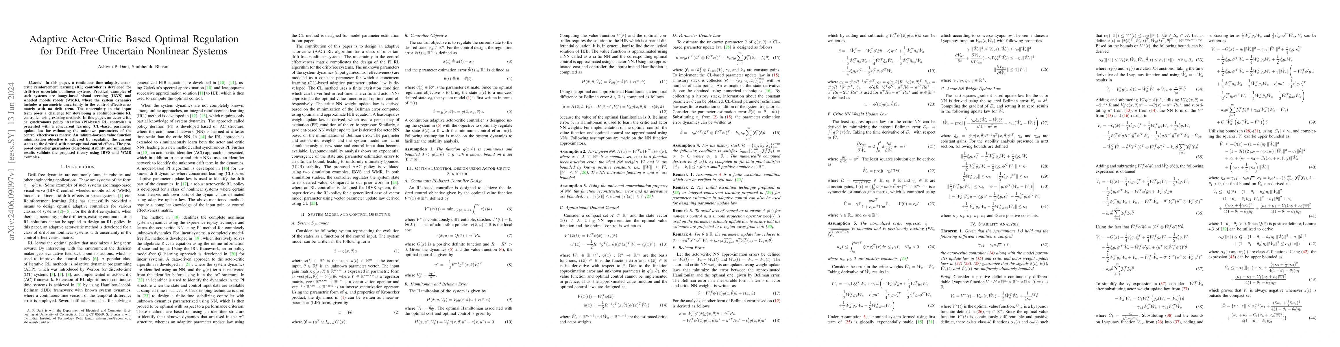 Thumbnail for Adaptive Actor-Critic Based Optimal Regulation for Drift-Free Uncertain
  Nonlinear Systems