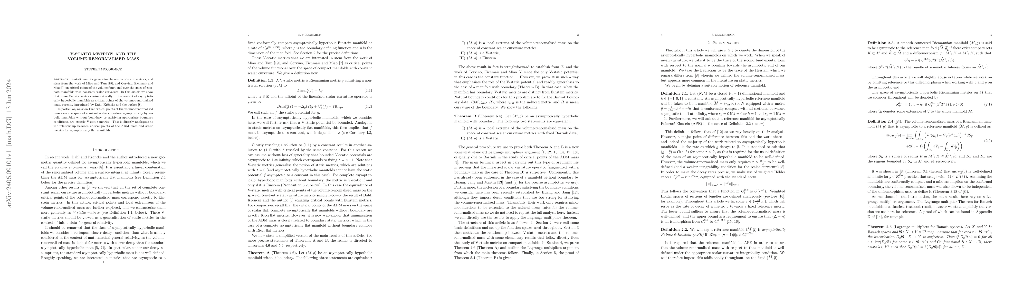 Thumbnail for V-static metrics and the volume-renormalised mass