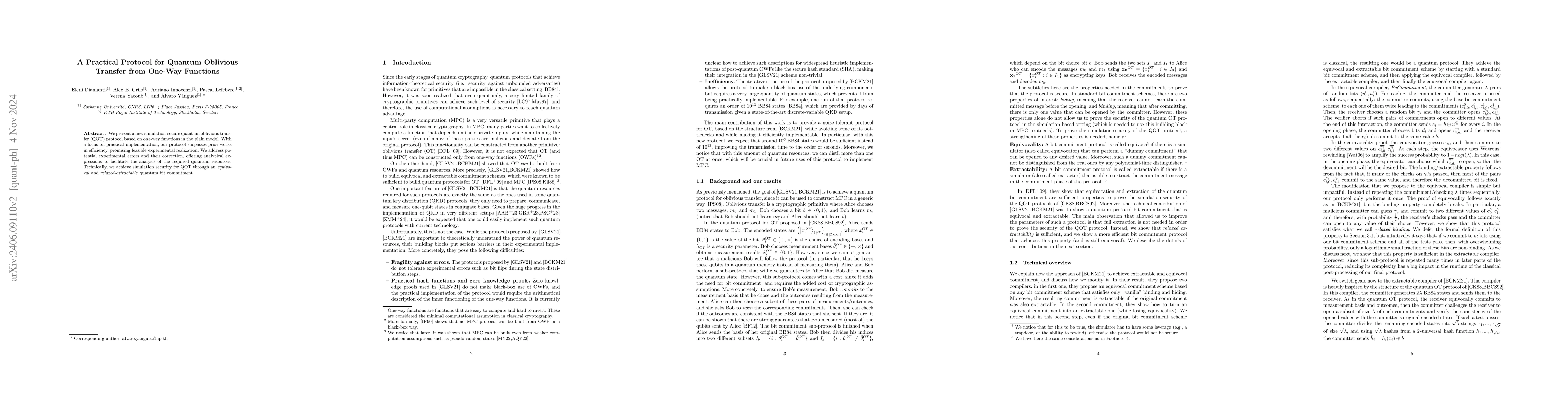 Thumbnail for A Practical Protocol for Quantum Oblivious Transfer from One-Way
  Functions