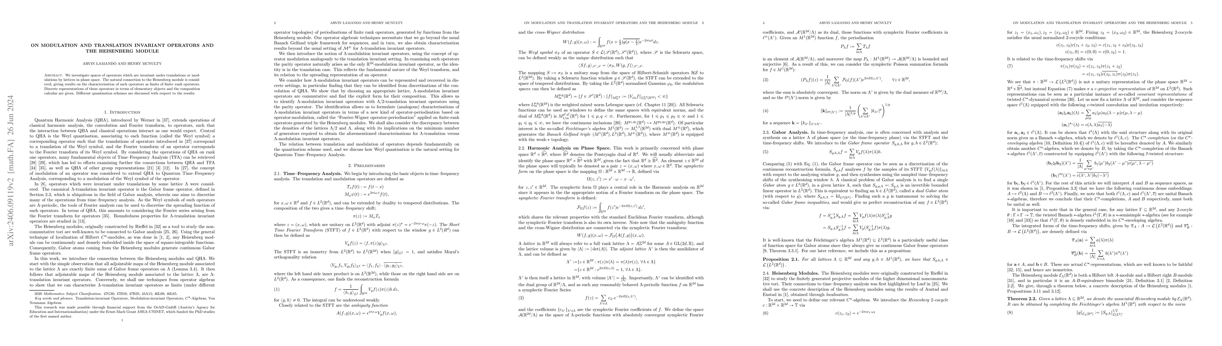 Thumbnail for On Modulation and Translation Invariant Operators and the Heisenberg
  Module