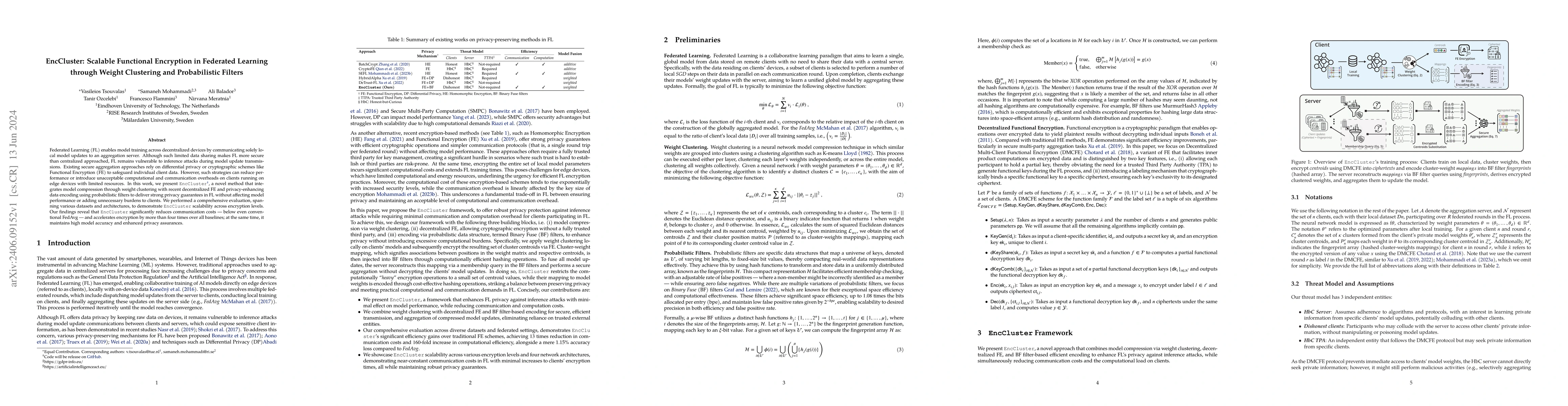 Thumbnail for EncCluster: Scalable Functional Encryption in Federated Learning through
  Weight Clustering and Probabilistic Filters