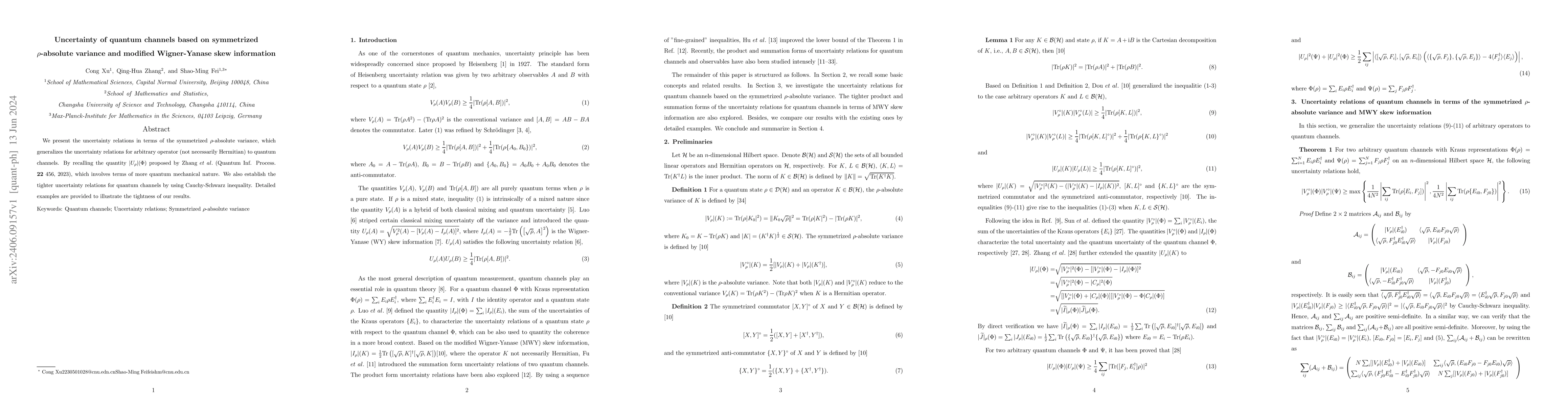 Thumbnail for Uncertainty of quantum channels based on symmetrized \r{ho}-absolute
  variance and modified Wigner-Yanase skew information
