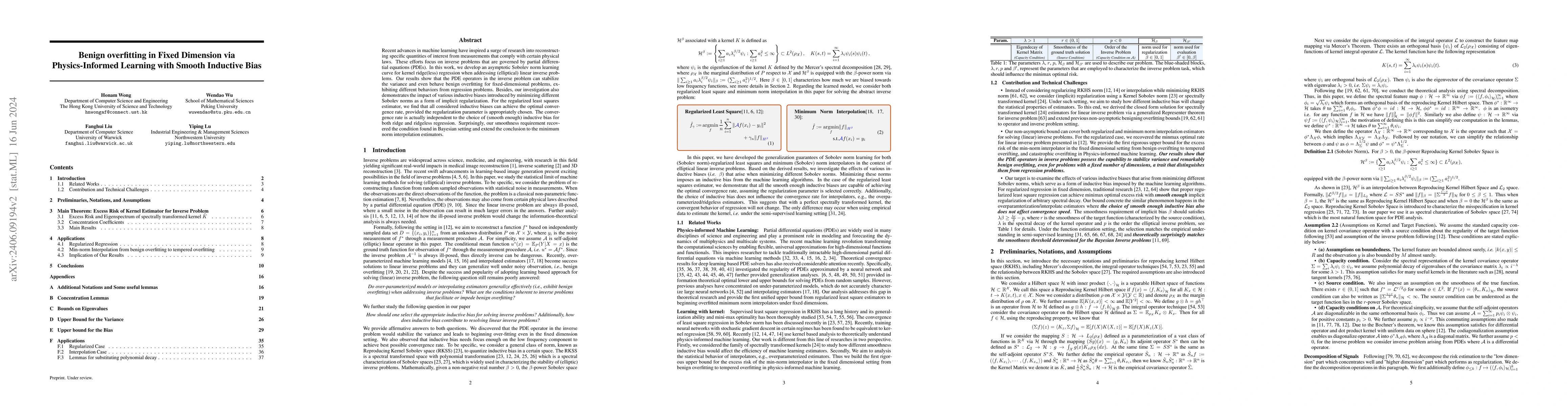 Thumbnail for Benign overfitting in Fixed Dimension via Physics-Informed Learning with
  Smooth Inductive Bias