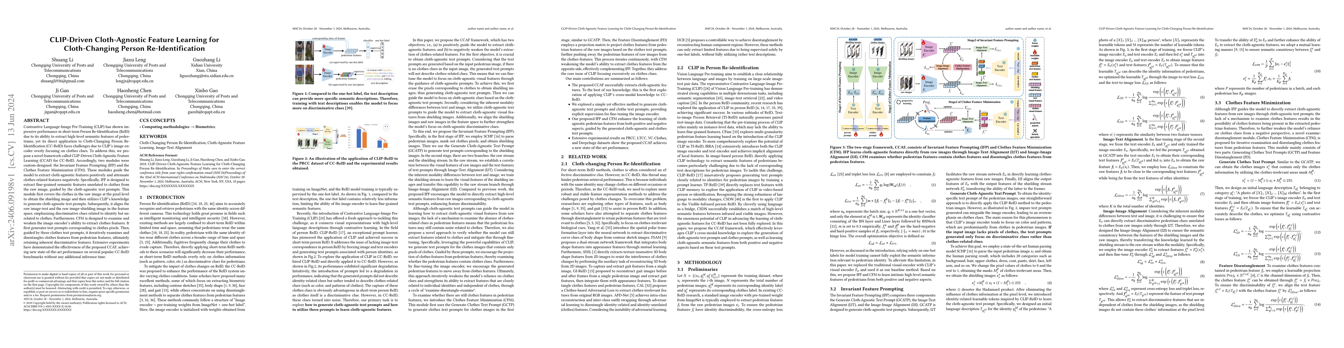 Thumbnail for CLIP-Driven Cloth-Agnostic Feature Learning for Cloth-Changing Person
  Re-Identification