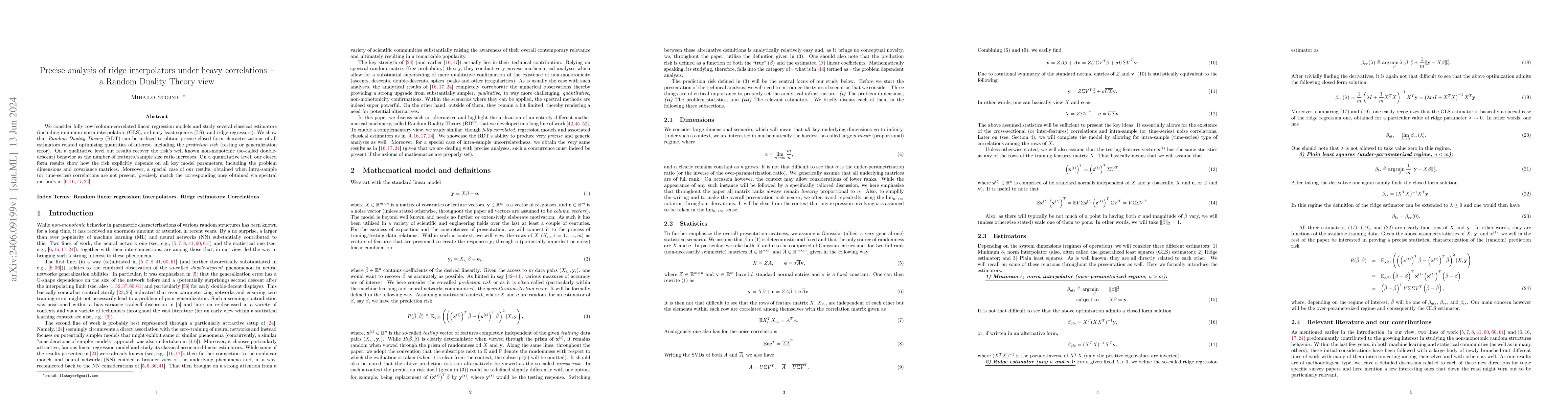 Thumbnail for Precise analysis of ridge interpolators under heavy correlations -- a
  Random Duality Theory view