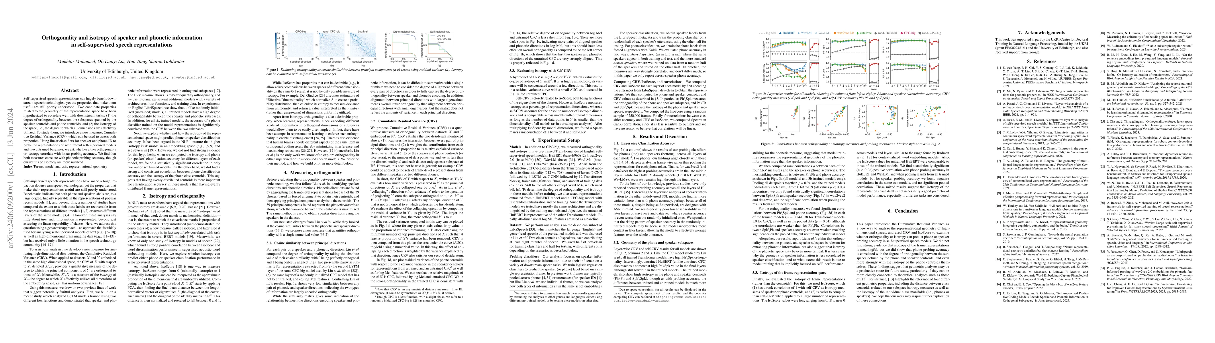 Thumbnail for Orthogonality and isotropy of speaker and phonetic information in
  self-supervised speech representations