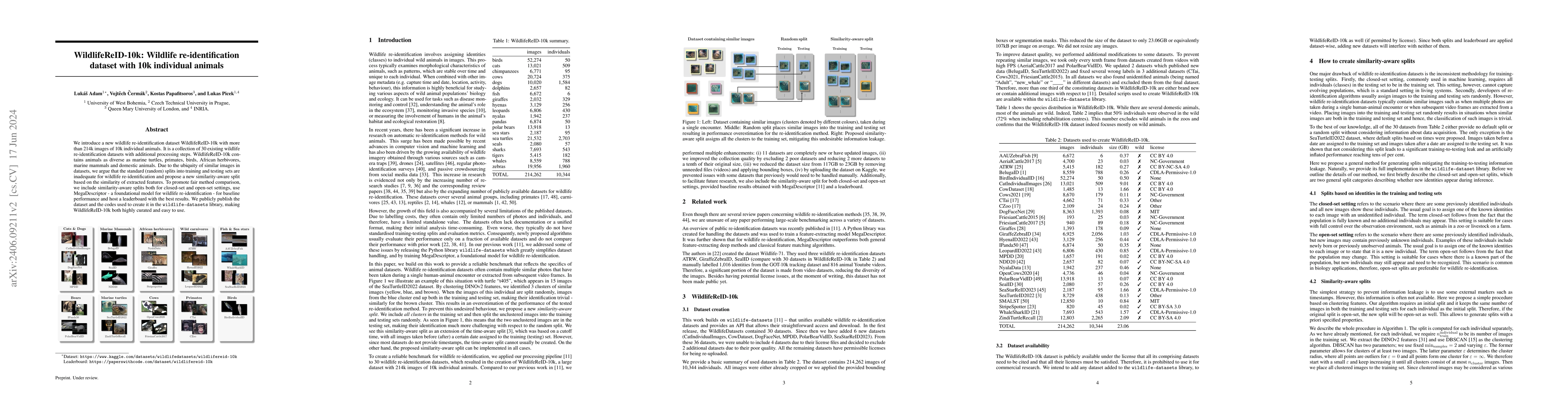 Thumbnail for WildlifeReID-10k: Wildlife re-identification dataset with 10k individual
  animals