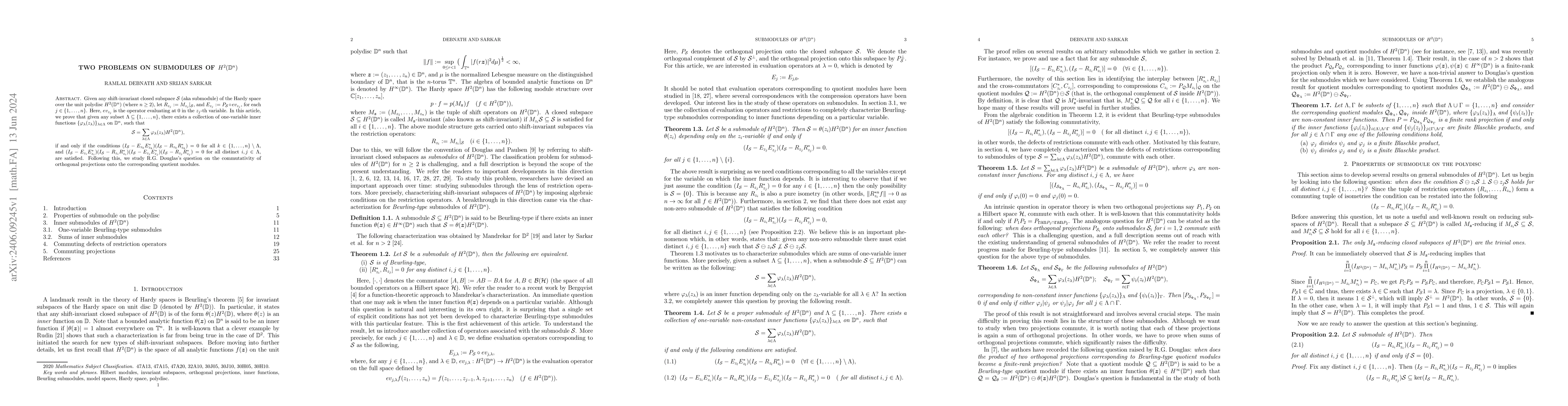 Thumbnail for Two problems on submodules of $H^2(\mathbb{D}^n)$