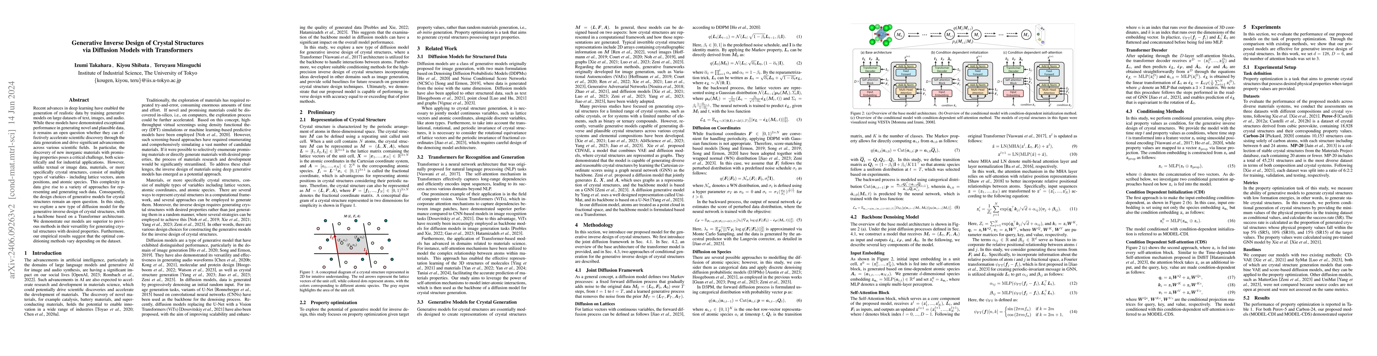 Thumbnail for Generative Inverse Design of Crystal Structures via Diffusion Models
  with Transformers