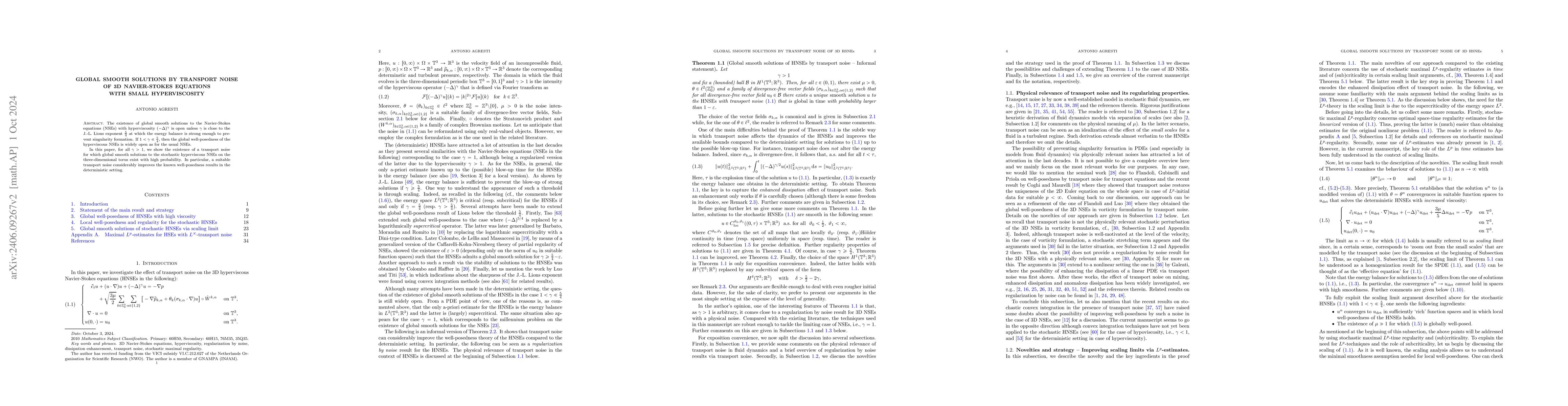 Thumbnail for Global smooth solutions by transport noise of 3D Navier-Stokes equations
  with small hyperviscosity