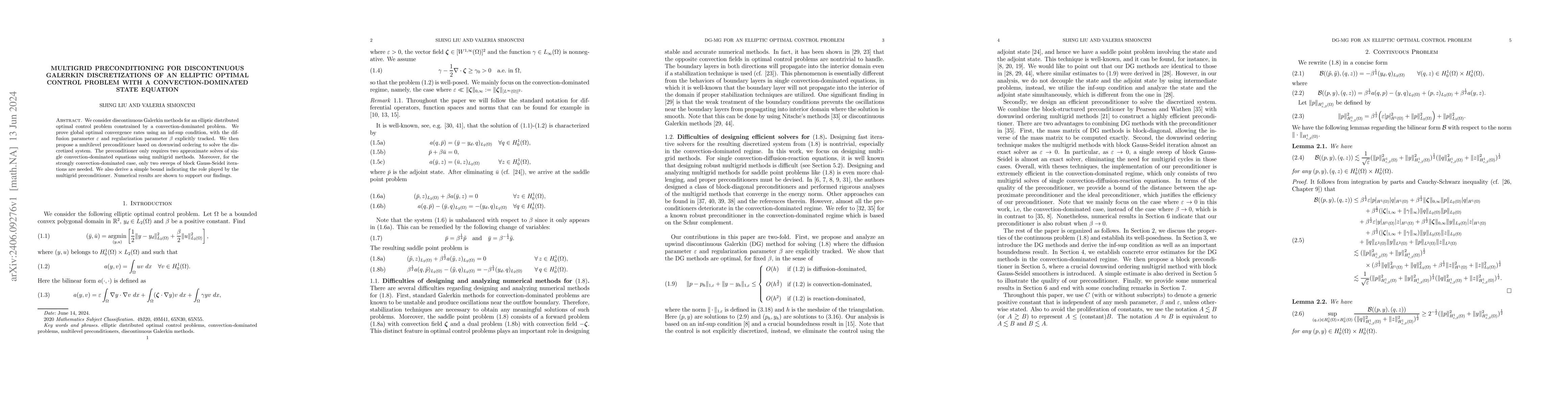 Thumbnail for Multigrid preconditioning for discontinuous Galerkin discretizations of
  an elliptic optimal control problem with a convection-dominated state
  equation