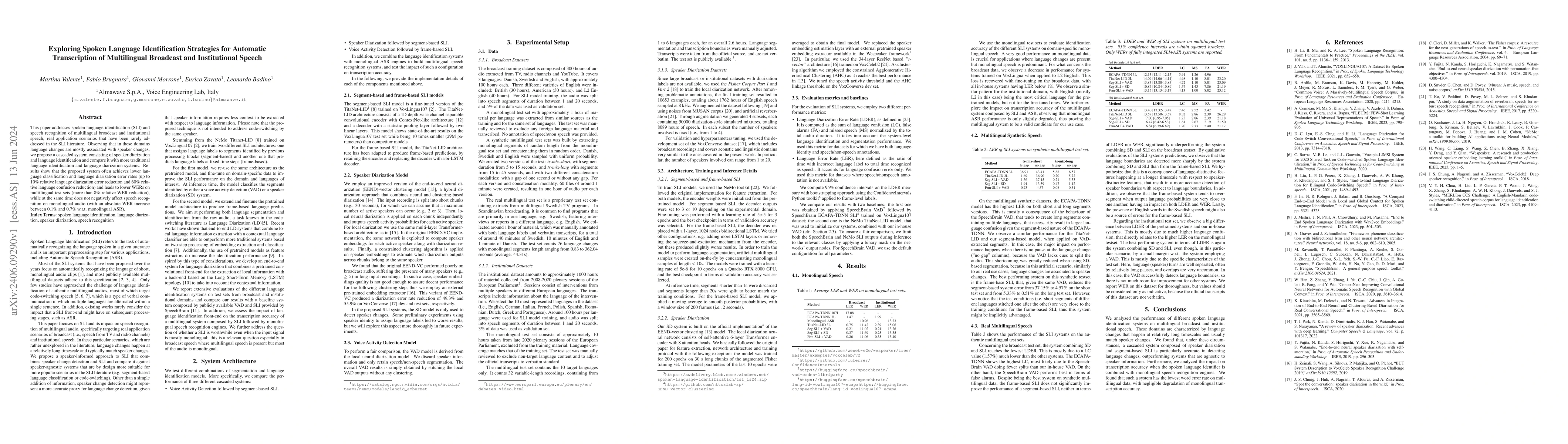 Thumbnail for Exploring Spoken Language Identification Strategies for Automatic
  Transcription of Multilingual Broadcast and Institutional Speech