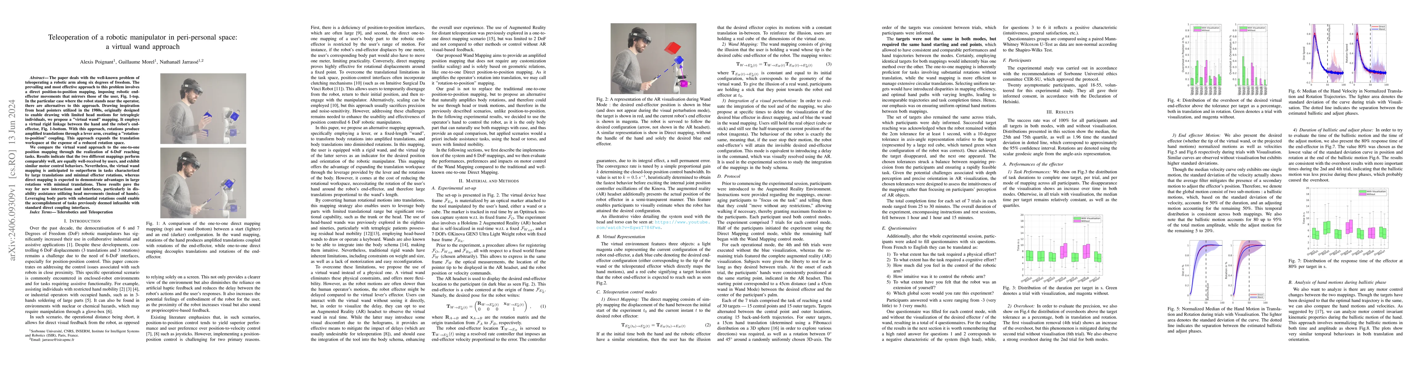 Thumbnail for Teleoperation of a robotic manipulator in peri-personal space: a virtual
  wand approach