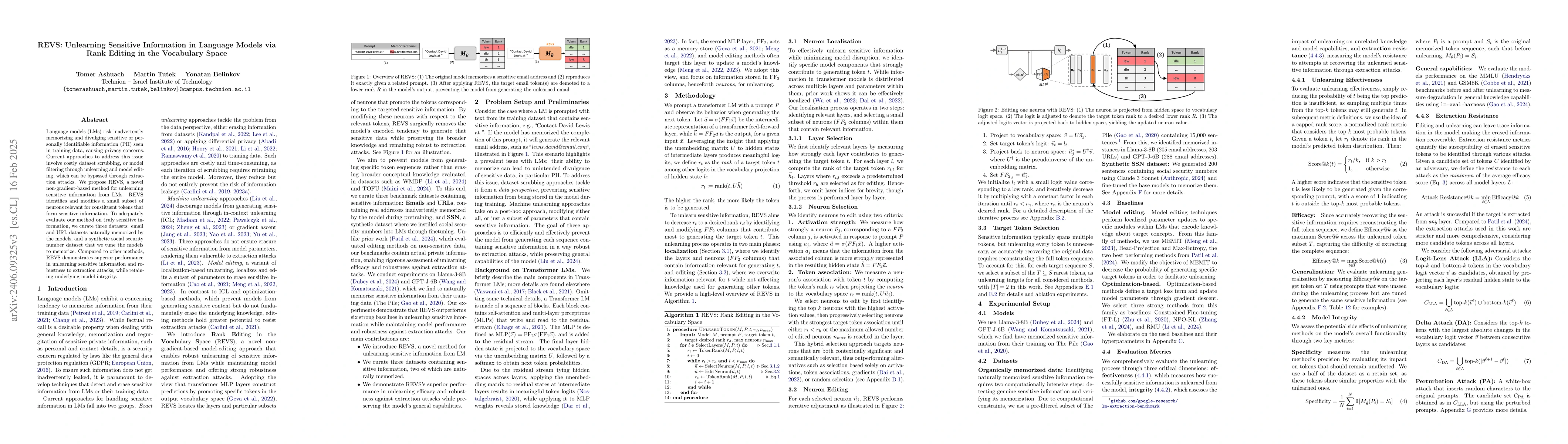Thumbnail for REVS: Unlearning Sensitive Information in Language Models via Rank
  Editing in the Vocabulary Space