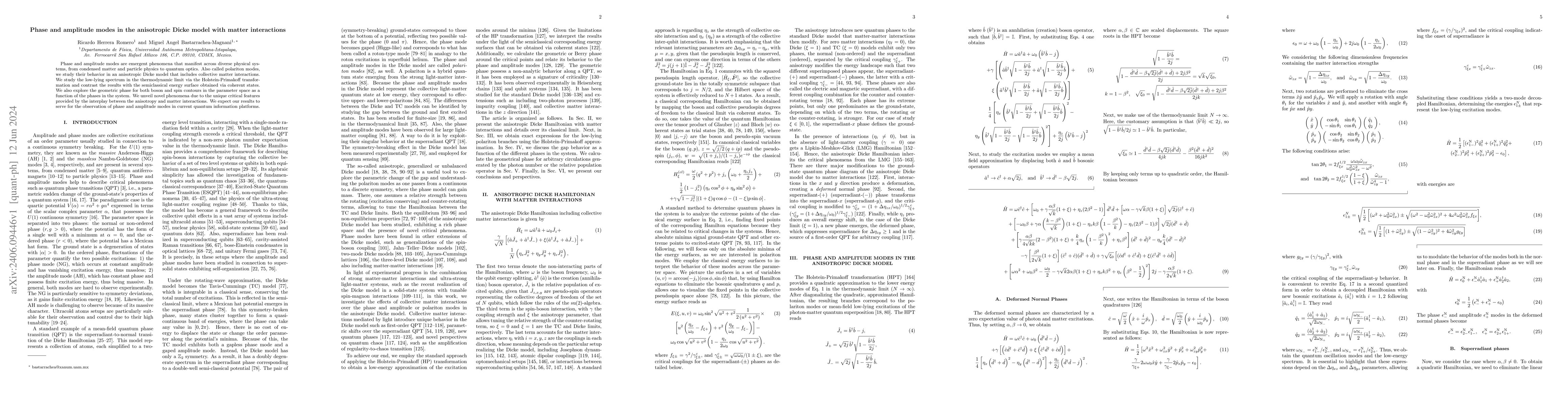 Thumbnail for Phase and amplitude modes in the anisotropic Dicke model with matter
  interactions