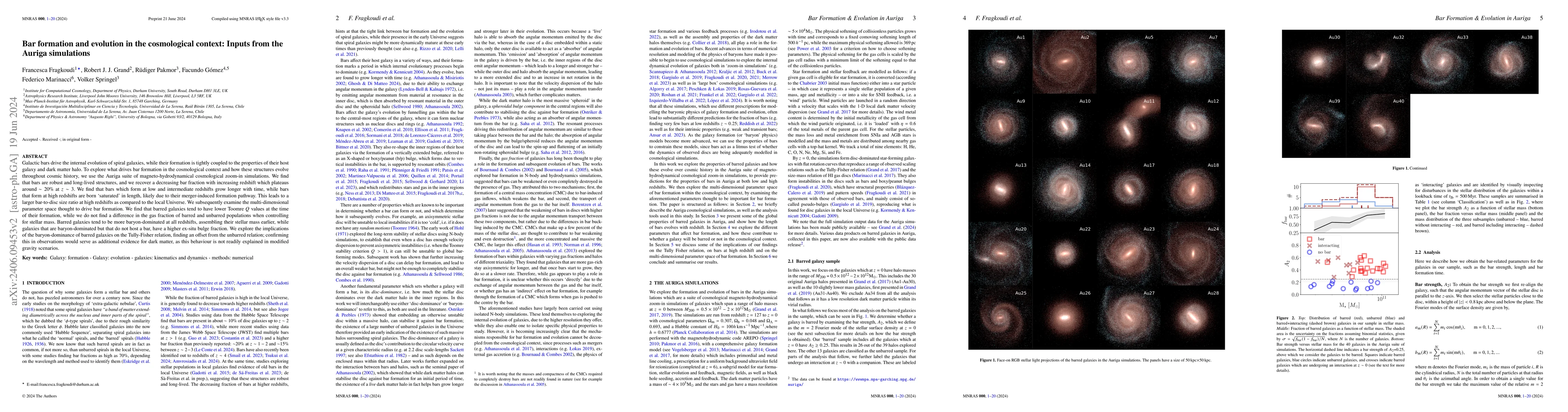 Thumbnail for Bar formation and evolution in the cosmological context: Inputs from the
  Auriga simulations