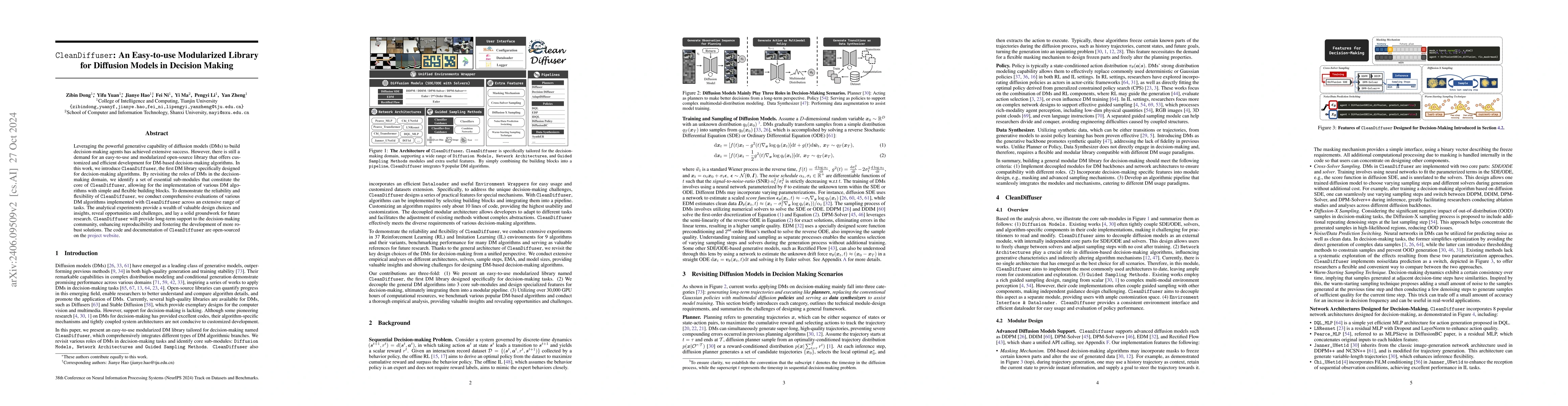 Thumbnail for CleanDiffuser: An Easy-to-use Modularized Library for Diffusion Models
  in Decision Making