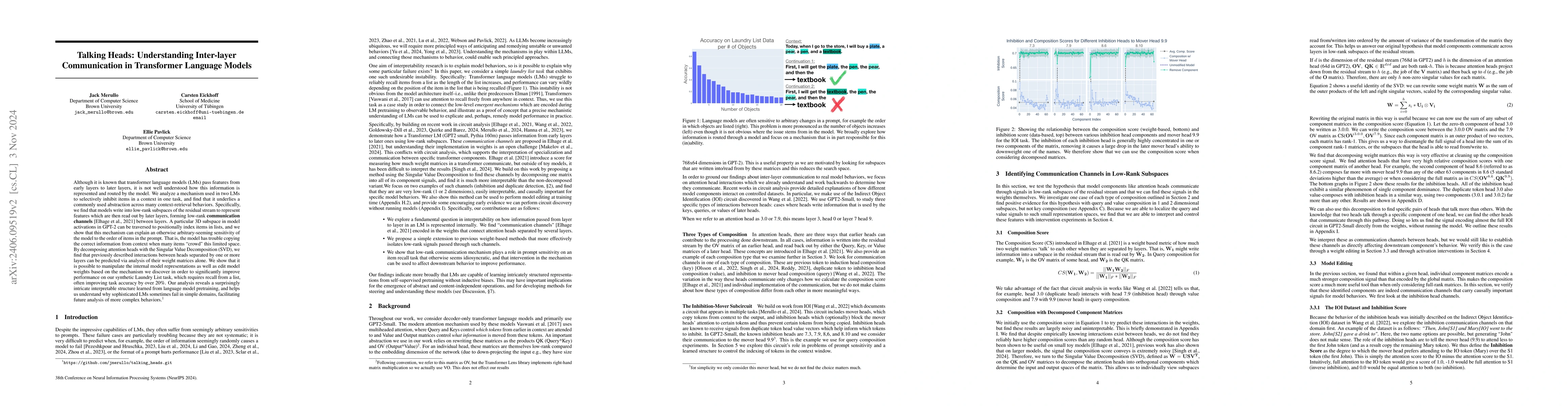 Thumbnail for Talking Heads: Understanding Inter-layer Communication in Transformer
  Language Models