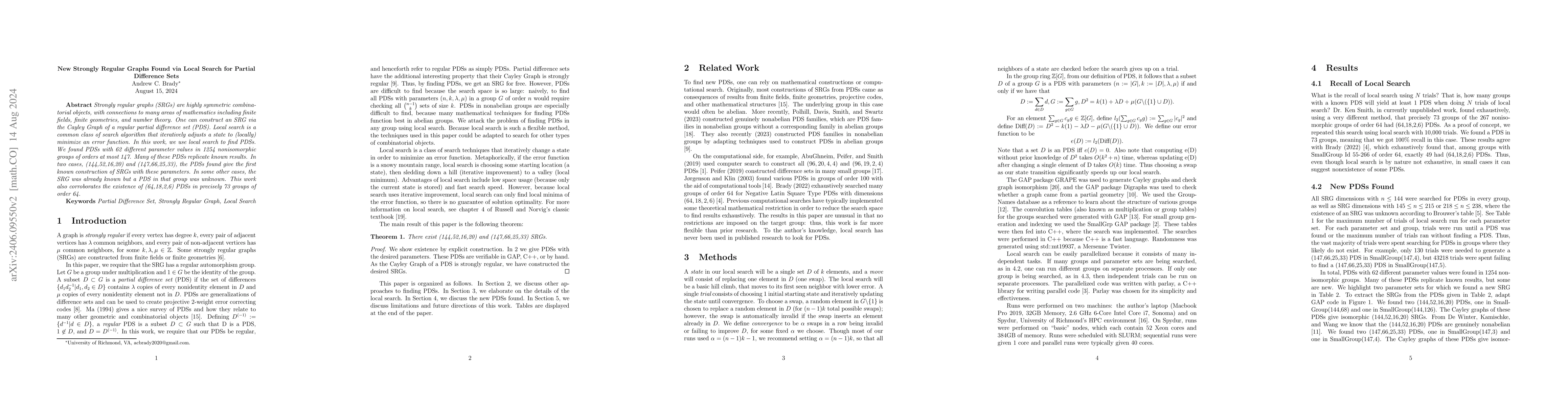 Thumbnail for New Strongly Regular Graphs Found via Local Search for Partial
  Difference Sets