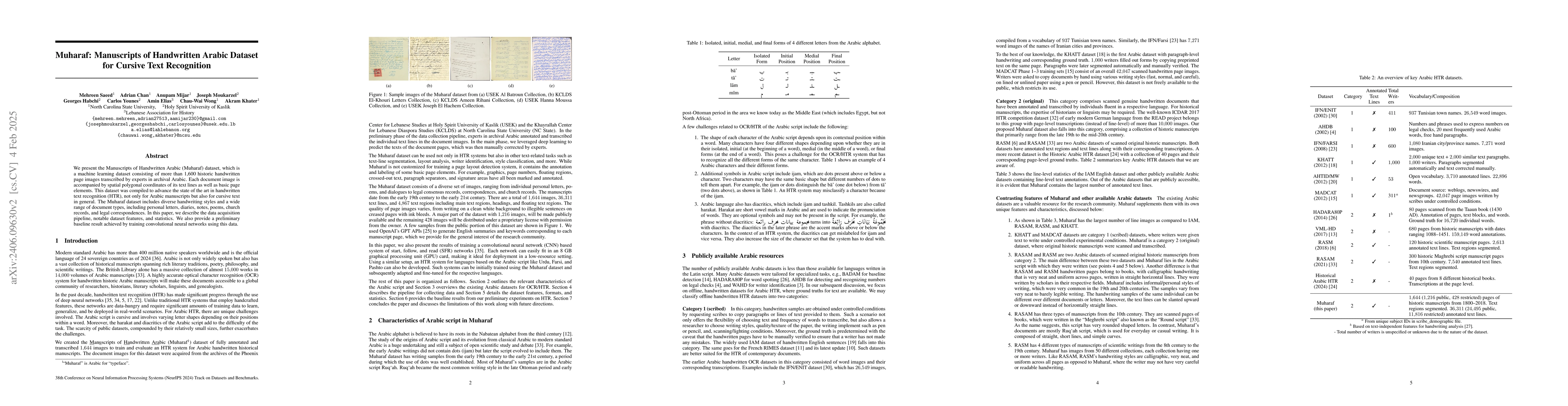 Thumbnail for Muharaf: Manuscripts of Handwritten Arabic Dataset for Cursive Text
  Recognition
