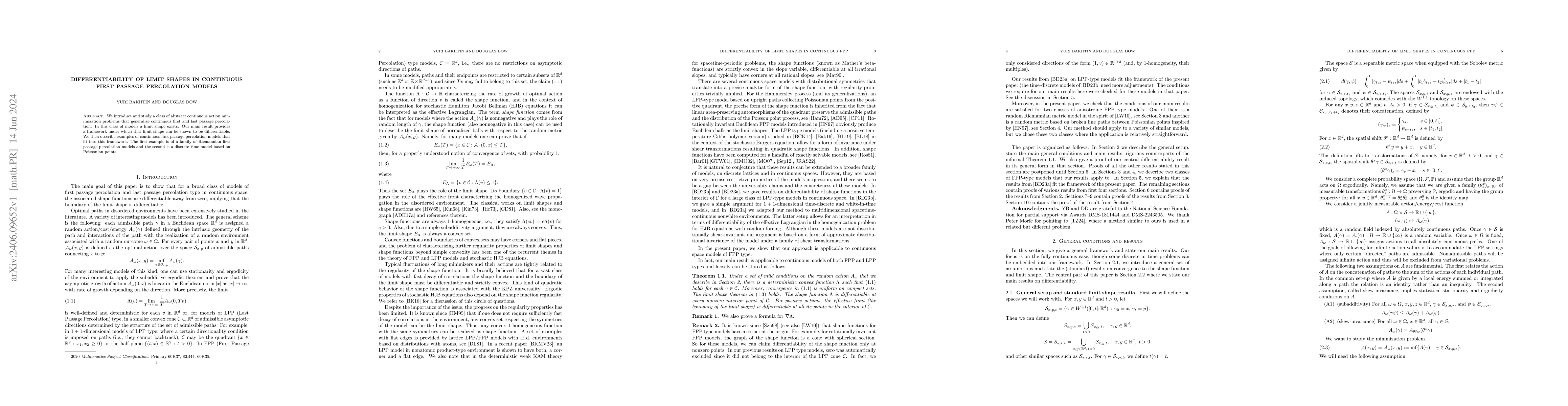 Thumbnail for Differentiability of limit shapes in continuous first passage
  percolation models
