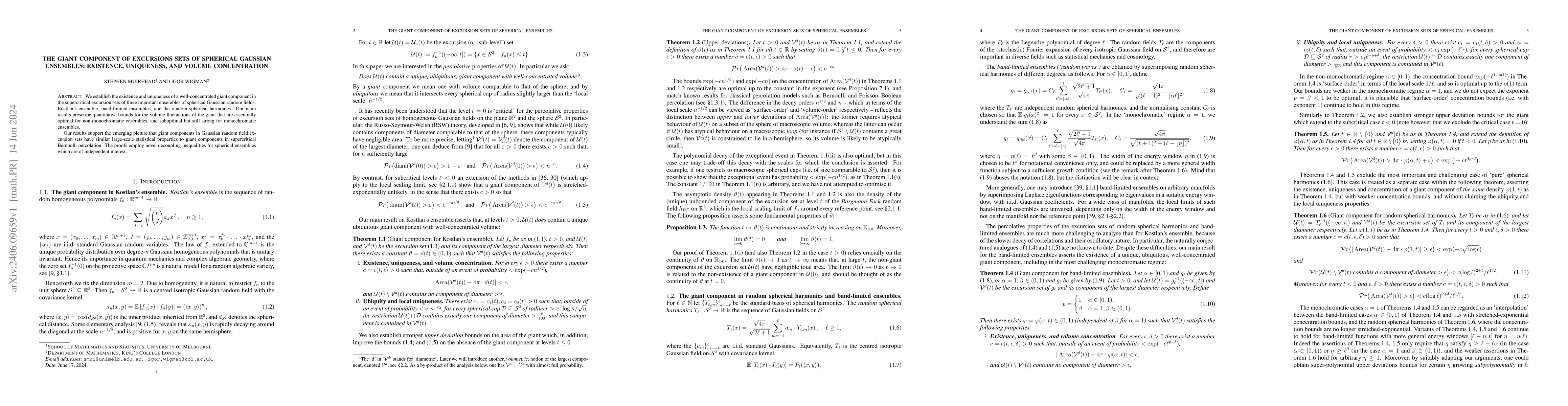 Thumbnail for The giant component of excursions sets of spherical Gaussian ensembles:
  existence, uniqueness, and volume concentration
