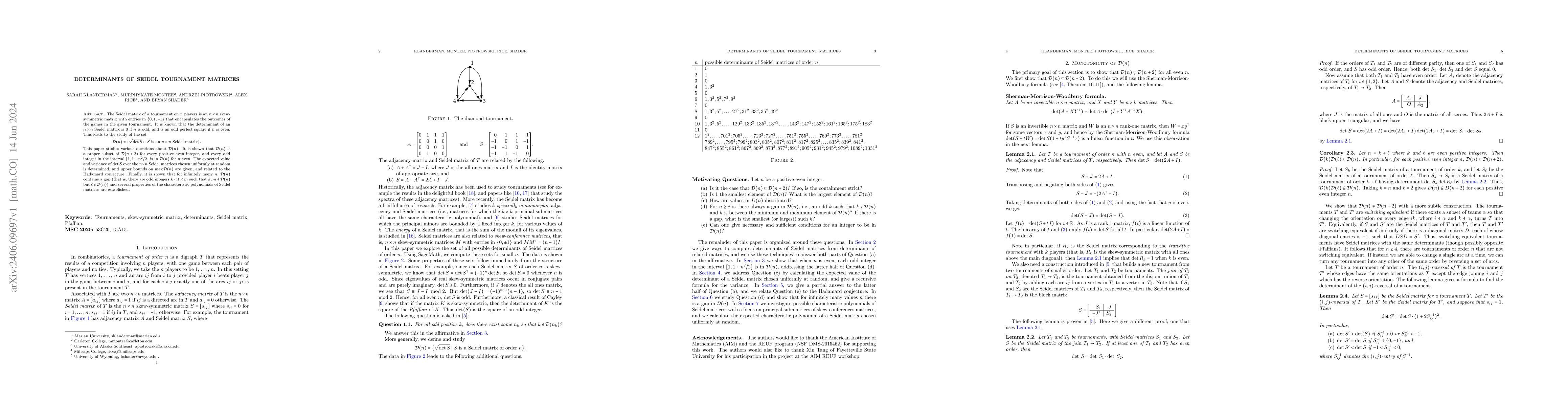 Thumbnail for Determinants of Seidel Tournament Matrices
