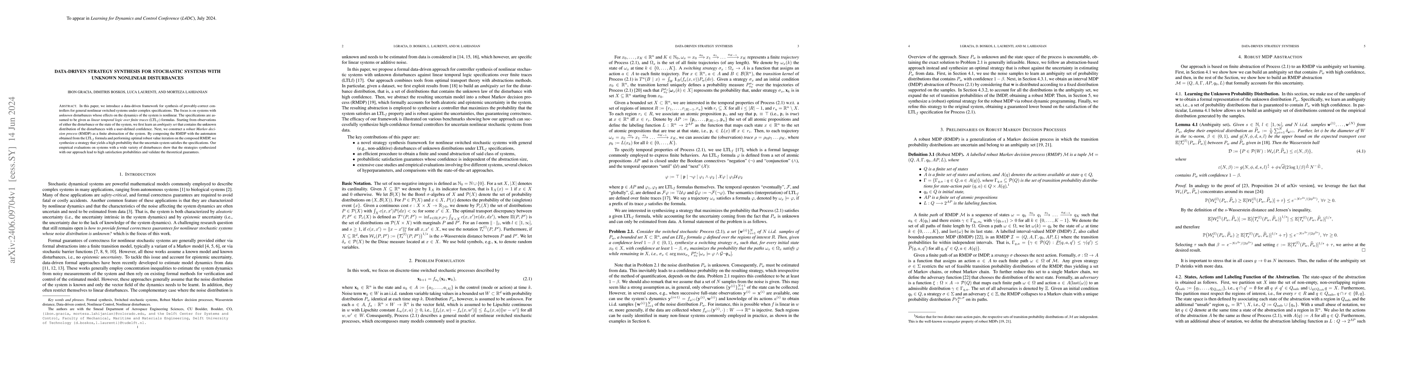 Thumbnail for Data-Driven Strategy Synthesis for Stochastic Systems with Unknown
  Nonlinear Disturbances