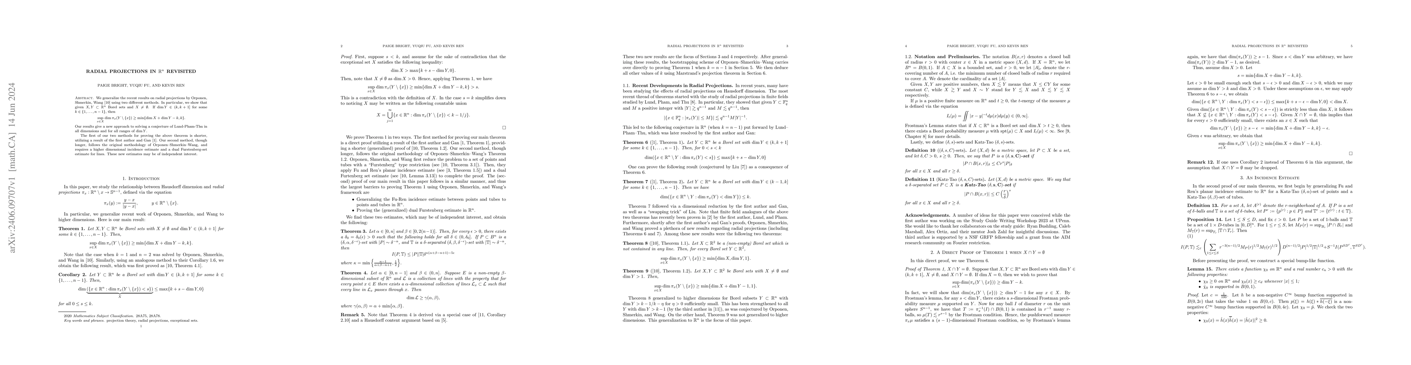 Thumbnail for Radial Projections in $\mathbb{R}^n$ Revisited
