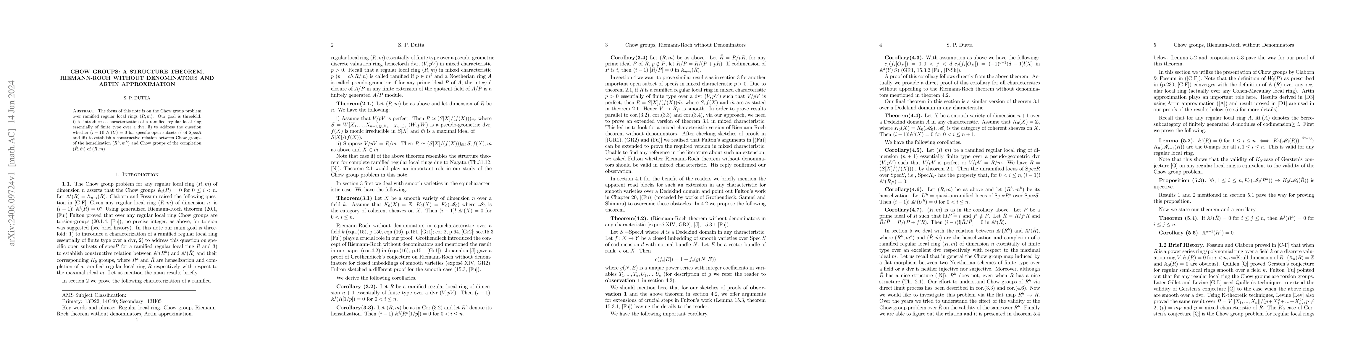 Thumbnail for Chow Groups: A Structure Theorem, RIEMANN-ROCH without denominators and
  ARTIN approximation